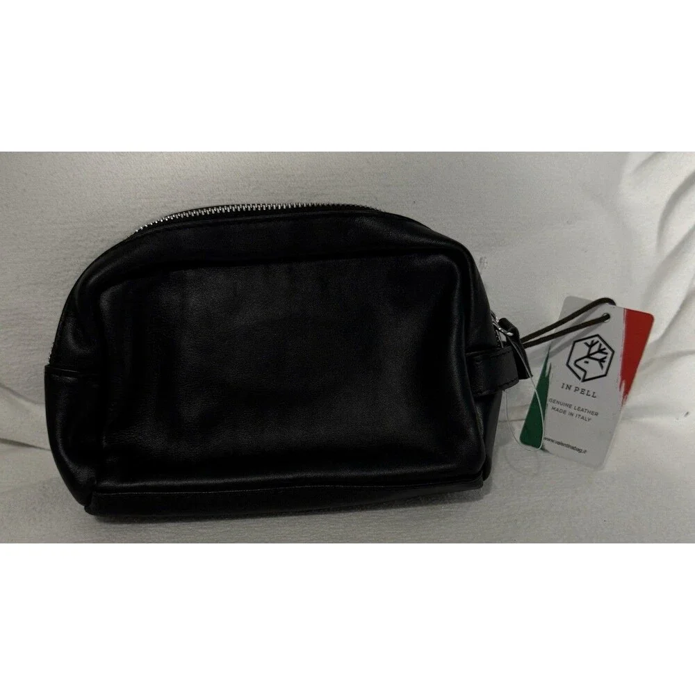 IN PELL Black Leather Dopp Kit Toiletry Bag Zip Inner Pockets Top Handle Italy